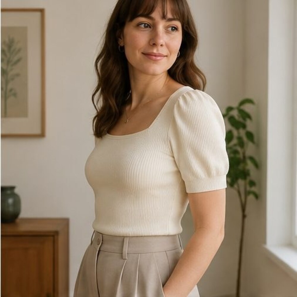 Ivory Ribbed Square Neck Top - Picture 3 of 6